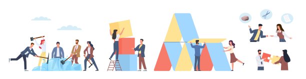 破冰船的活动。团队建设游戏，人们用锤子自由的同事从冰块，连接拼图，办公室员工聚集在一起。男女合作矢量卡通套装图片下载