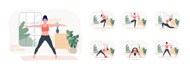 简称oga姿势。年轻女子练习瑜伽姿势。女性健身、有氧运动。矢量插图。图片下载