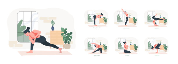 瑜伽姿势。年轻女子练习瑜伽姿势。女性健身、有氧运动。矢量插图。图片下载