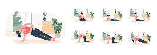瑜伽姿势。年轻女子练习瑜伽姿势。女性健身、有氧运动。矢量插图。图片下载
