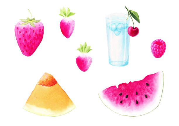 水彩设置多汁的水果和浆果:西瓜，哈密瓜，草莓，覆盆子，樱桃和一杯冰水。孤立在白色背景上。图片下载