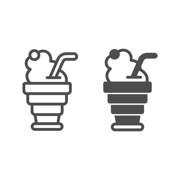 可折叠杯，樱桃汁氧泡沫线和固体图标，冰淇淋概念，樱桃汁矢量标志在白色背景，果汁轮廓风格的移动概念和网页设计。矢量图形。图片下载