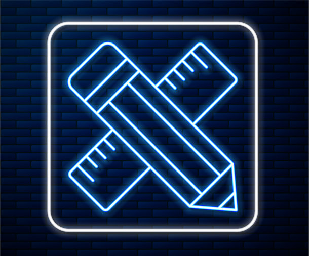 发光的霓虹灯线穿过了标尺和铅笔图标图片下载