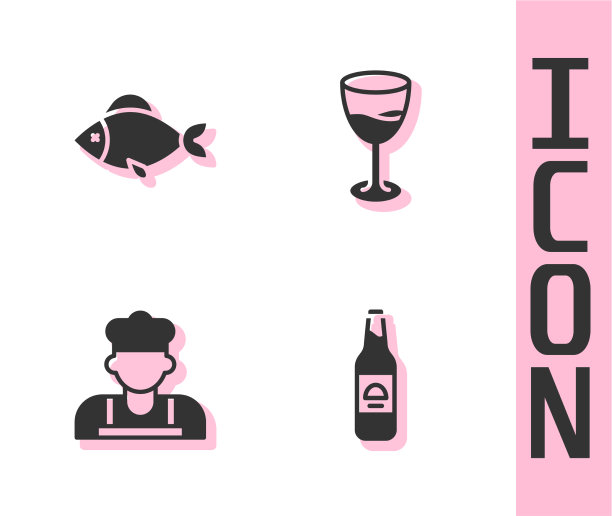 设置啤酒瓶鱼厨师和酒杯图标图片下载