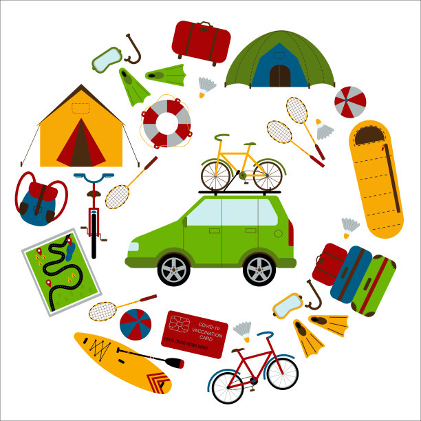 一套必要的东西，以旅行的汽车在一个圆形的框架。背包，脚蹼，潜水面罩，救生圈，地图，羽毛球，球，sup，睡袋，自行车，行李箱。家人的爱好。平面风格矢量插图。图片下载