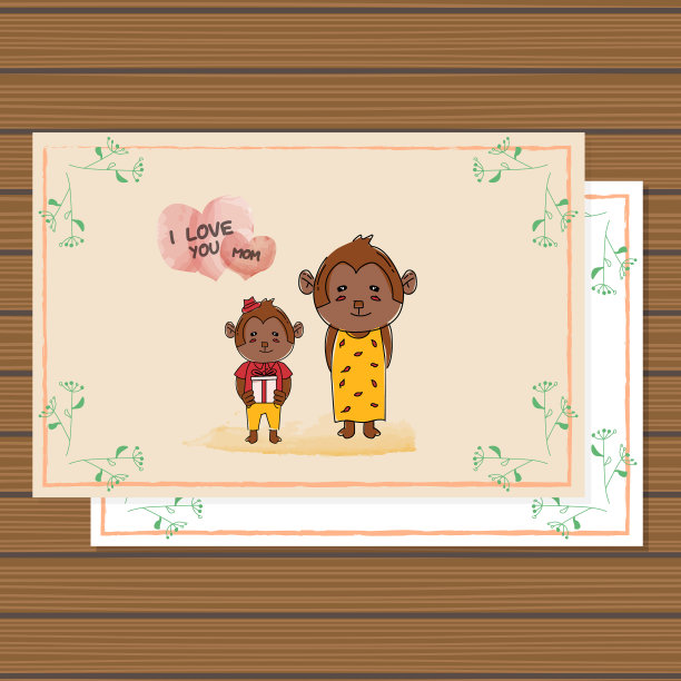 可爱的卡片动物猴子为母亲节设计图片下载
