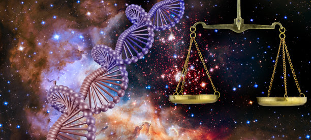 程式化的DNA和星空背景下的鳞片。这张图片的元素由美国宇航局提供。三维图像图片下载