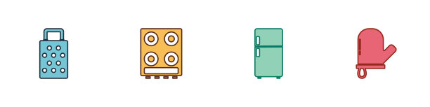 设置刨丝器、煤气炉、冰箱和烤箱手套图片下载