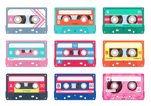 音频或盒式磁带色彩缤纷，集复古图片下载