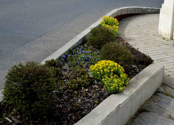 花坛的边缘是生锈的金属板设计。图片下载