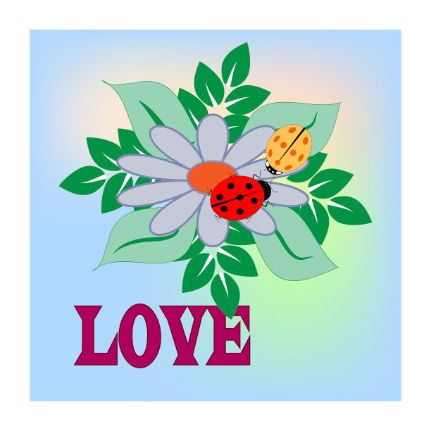 来自鲜花、瓢虫和字母的爱卡片图片下载