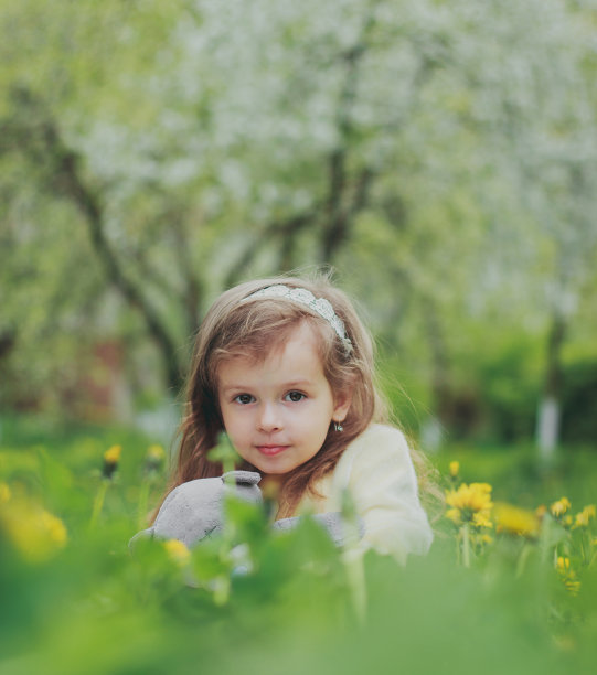 在春天的樱花园，一个女孩抱着一只泰迪熊图片下载