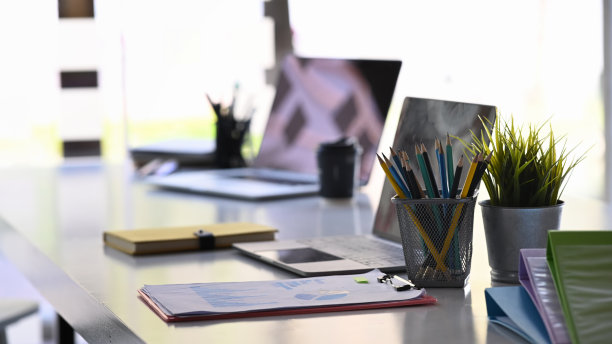 会议桌，笔记本电脑，室内植物，笔筒，办公用品和文件。图片下载