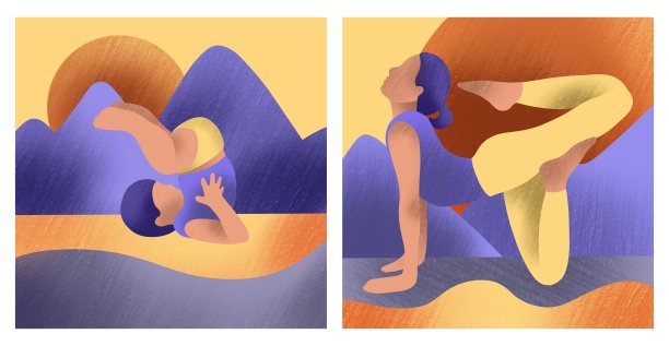 手绘纹理瑜伽姿势女人和孩子纹理海报。孤立在白黄蓝插图上。时尚的颜色。适用于横幅、网页、印刷品、小册子、传单、卡片、海报图片下载