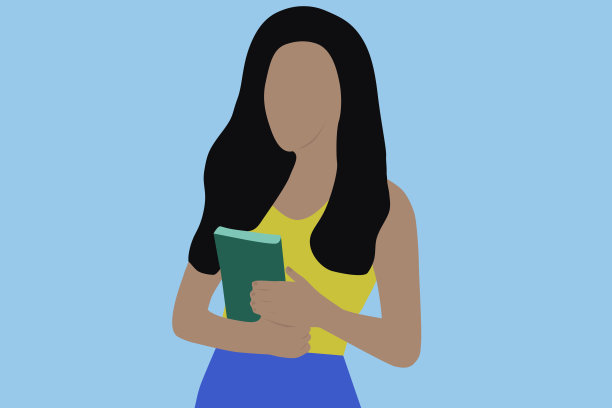 女学生拿着她的书与蓝绿色背景图片下载