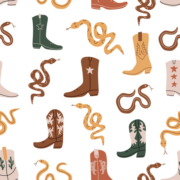 无缝模式与牛仔靴和蛇。西部的主题。简单幼稚的风格完美的纺织品，婴儿淋浴面料，数码纸，时尚。图片下载