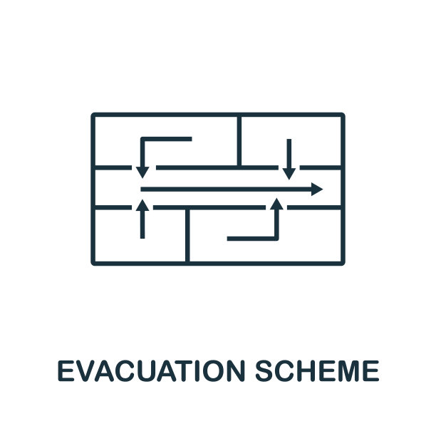 疏散方案大纲图标。细线概念元素来自消防安全图标集合。创意疏散方案图标的移动应用程序和网络使用图片下载