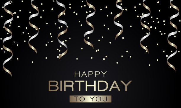 黑色背景上的金色蛇纹和五彩纸屑的生日贺卡。图片下载