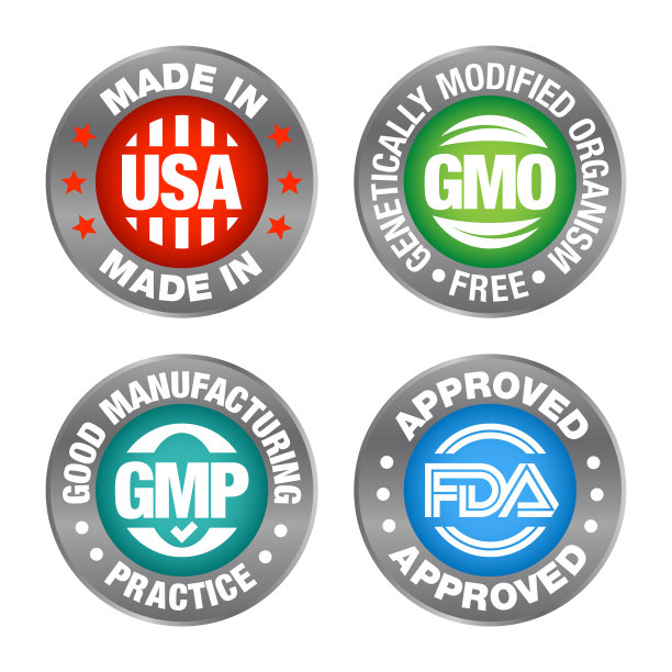 4个产品标识，美国制造，无转基因，良好生产规范，已获批准图片下载