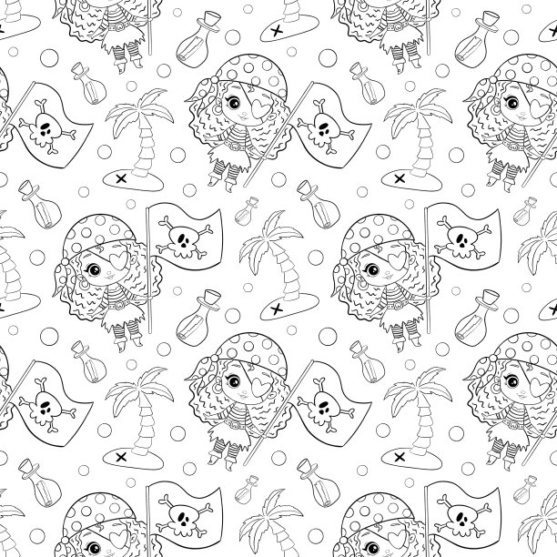 可爱的卡通涂鸦海盗女孩无缝图案。海盗着色页面图片下载