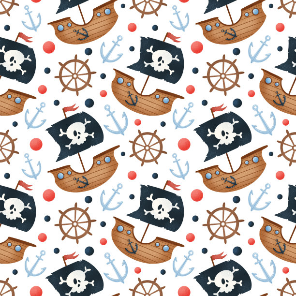 可爱的卡通海盗船无缝模式图片下载