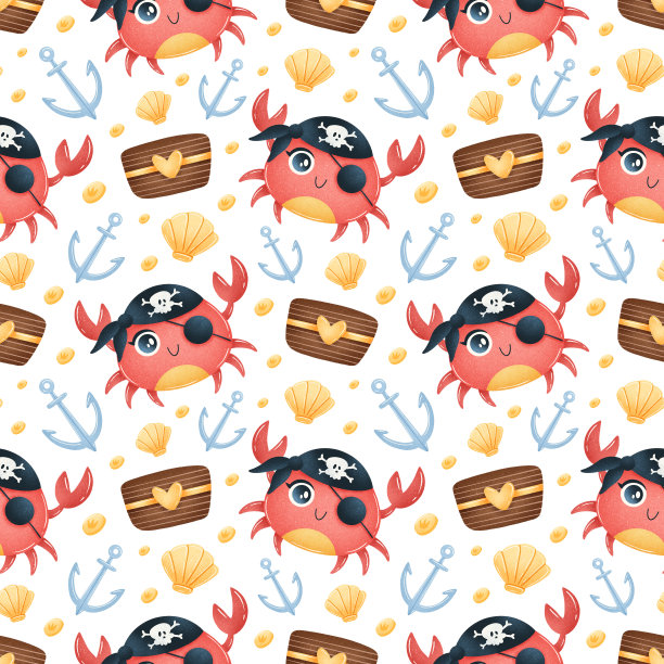 可爱的卡通海盗动物无缝图案。蟹海盗模式图片下载