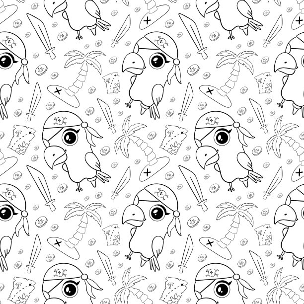 可爱的卡通海盗动物无缝图案。鹦鹉海盗图案。海盗鹦鹉涂色页图片下载
