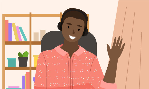 微笑的男人正在进行视频会议。非裔美国男孩在网上聊天，在家工作图片下载