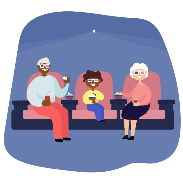矢量插图。一对老年人和孙子在电影院。多民族图片下载