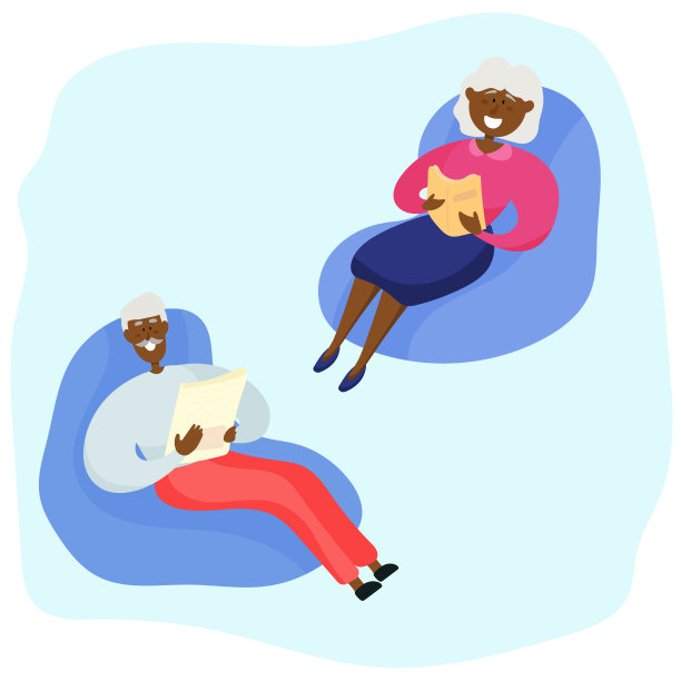 爷爷奶奶坐在扶手椅上看书。一对黑人老夫妇的家庭度假。图片下载