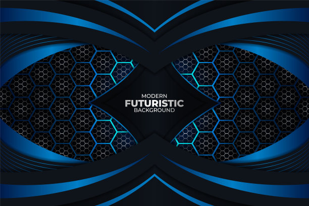 现代现实主义未来主义蓝色辉光在黑暗的背景与六边形模式和动态形状图片下载
