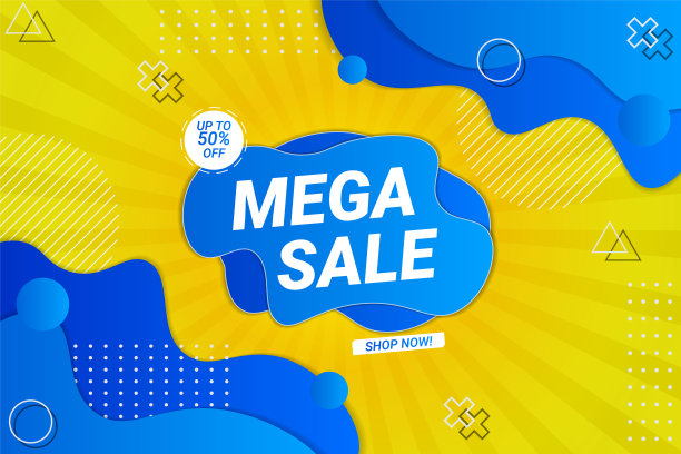 现代Mega Sale概念动态流体形状背景黄色和蓝色与几何形状图片下载