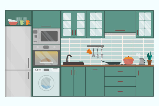 舒适的厨房内部绿色阴影，平面矢量插图。冰箱，烤箱，微波炉，洗衣机，花盆，盘子。图片下载