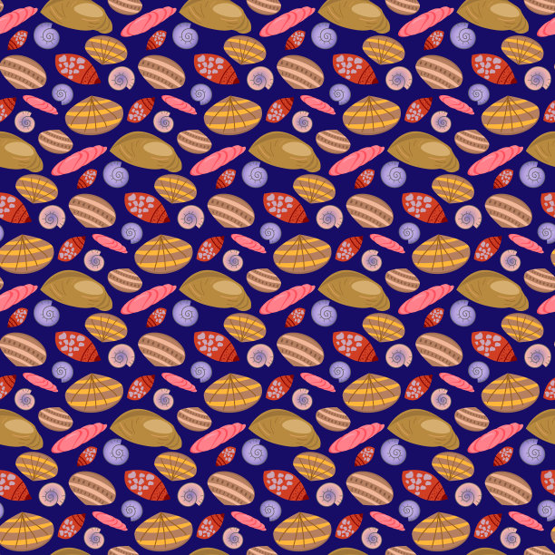 模式与贝壳。在蓝色背景上打印。图片下载