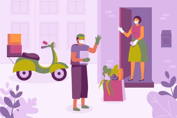 食品安全交付。因COVID-2019冠状病毒而被隔离和隔离的订单的远程非接触传送。快递员把包裹放在门口图片下载