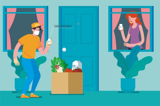 在线购物。保持社交距离，保持距离以降低感染风险，预防病毒Covid-19。食品交付。在冠状病毒流行期间呆在家里隔离。平面向量插图图片下载