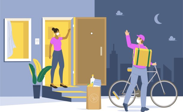 一个男人骑着自行车绕着城市转。一个带着面具，手套和箱子，箱子，货物的快递员。安全送餐理念，快捷送餐服务。矢量插图卡通风格图片下载