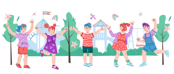 一群欢快快乐的小朋友在夏季操场上，卡通矢量插画。图片下载