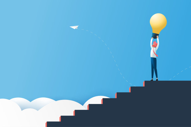 商业理念，解决方案，成功和赢家的概念。一个商人拿着灯泡站在楼梯顶上。纸艺术矢量插图。图片下载