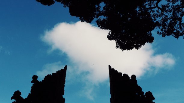 阳光下的树与庙图片下载