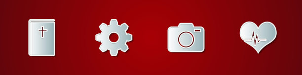 设置圣经书，齿轮齿轮设置，照片相机和心率图标。向量图片下载