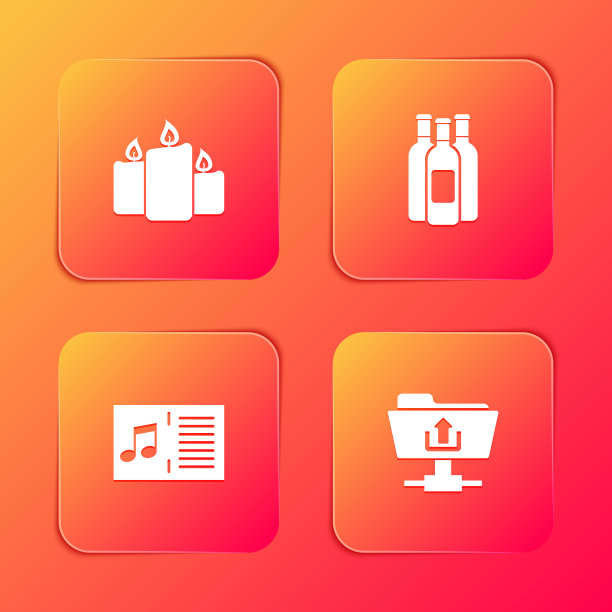 设置燃烧的蜡烛，酒瓶酒，音乐书笔记和FTP文件夹上传图标。向量图片下载
