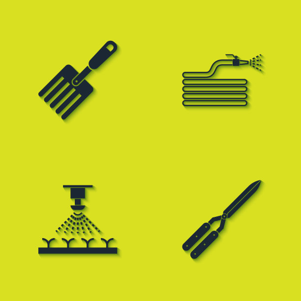 设置花园叉，园艺手工剪刀，自动喷灌洒水器和消防水龙带图标。向量图片下载