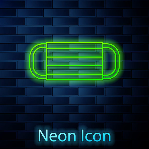 发光的霓虹灯线医用防护面具图标隔离在砖墙的背景上。向量图片下载