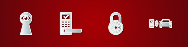 设有带眼锁眼，无线数字门锁，安全组合车轮和智能汽车报警系统图标。向量图片下载