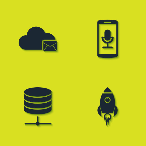 设置云邮件服务器，火箭船与火，服务器，数据，网络托管和移动录音图标。向量图片下载