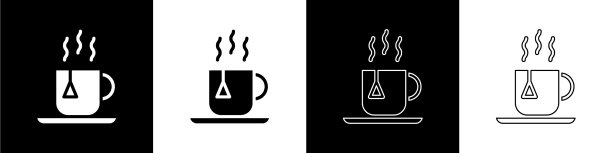 设置茶杯茶与茶袋图标孤立在黑色图片下载
