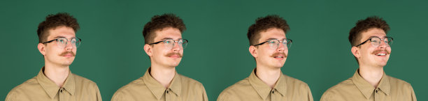 情感的进化。白人男子的肖像孤立在绿色的工作室背景与拷贝空间图片下载