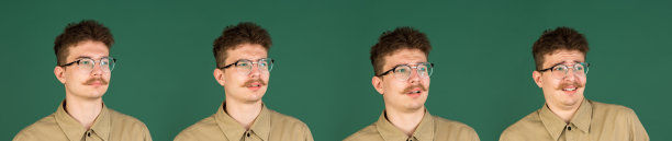 情感的进化。白人男子的肖像孤立在绿色的工作室背景与拷贝空间图片下载