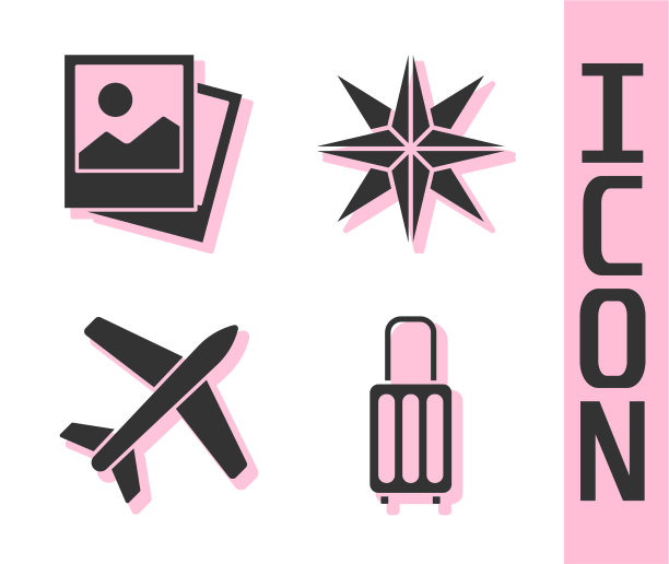 设置手提箱照片飞机和风玫瑰图标图片下载